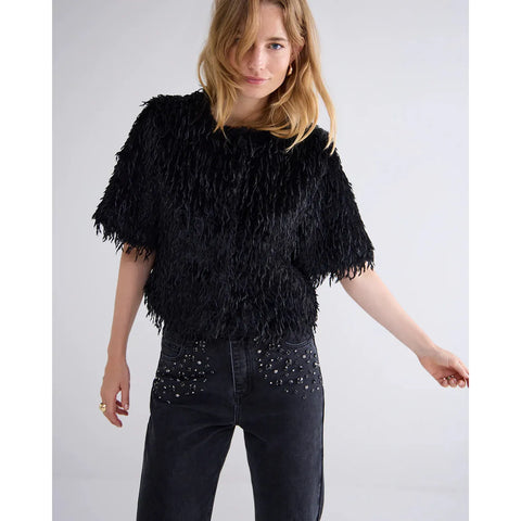 Shortsleeve Faux Feather Jacket - Black