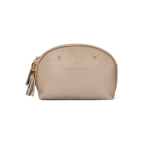 taupe leather makeupbag in a half moon shape with gold details