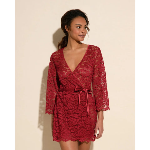 Deep red lace robe with satin edging and satin tie. scalloped hem and cuff creating a romantic look