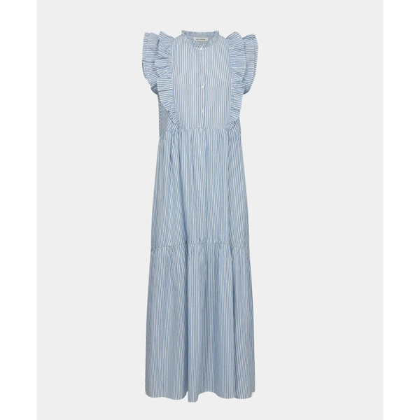 blue and white pinstripe maxi dress with short ruffle shoulder sleeves, buttons from the neck to the waist