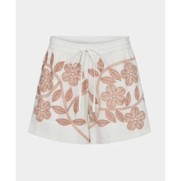 These shorts in off white color are a perfect choice for your summer outfits. Designed with a beautiful floral embroidered pattern, adding a touch of elegance and femininity. With a regular fit featuring elastic waistband and tie-front closure, these shorts offer both comfort and style. Made of 100% cotton.