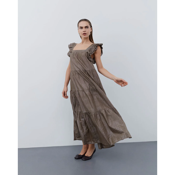 brown metallic dress, shoulder straps with ruffle detail, four tier design