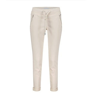 high rise, casual fit comfort stretch creme trousers with waist tie 