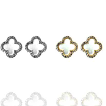 gold or silver medium sized clover studs with mother of pearl and cz