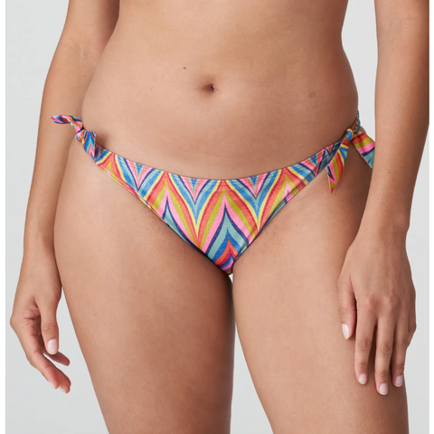 Hipster bikini briefs in sparkly swimwear fabric with trendy, zigzag stripes. Rainbow Paradise is a summery, multi-colored pint with glittery detailing.