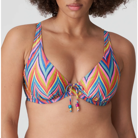 rendy bikini top with full cups and multi-colored, zigzag stripes. The multiway straps can be worn either over the shoulders or around the neck. 70’s glamour for the beach! Rainbow Paradise is a summery, multi-colored pint with glittery detailing.