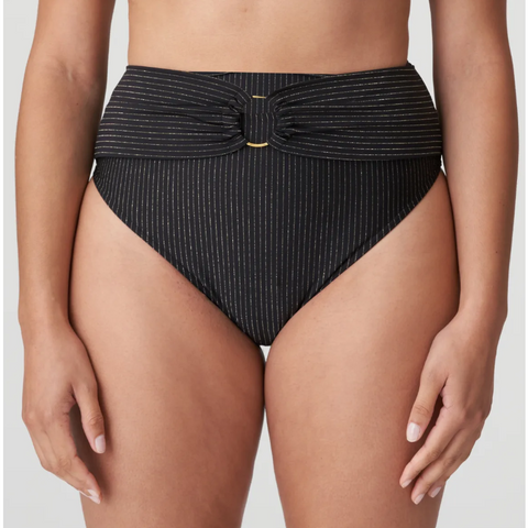 Fashionable high-waisted bikini briefs in swimwear fabric with glitter stripes. The draping with golden rings creates an elegant waistline. Timeless black with a golden shimmer that catches the light. Chic and sophisticated!